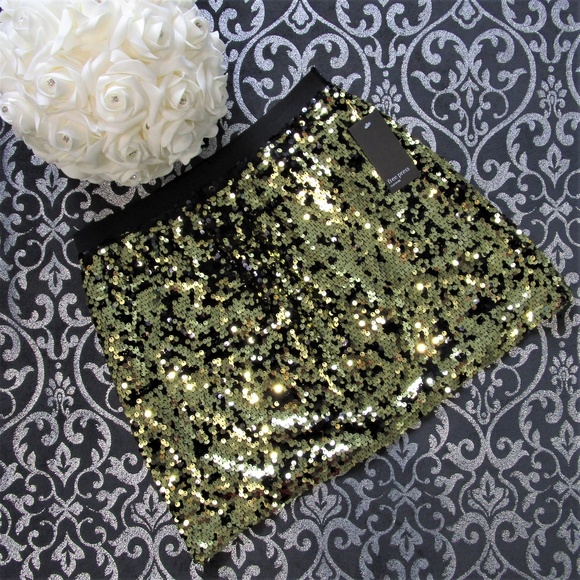 ❤️🔥 NWT Nordstrom Metallic Gold Black Sequins Skirt XS - Picture 2 of 5